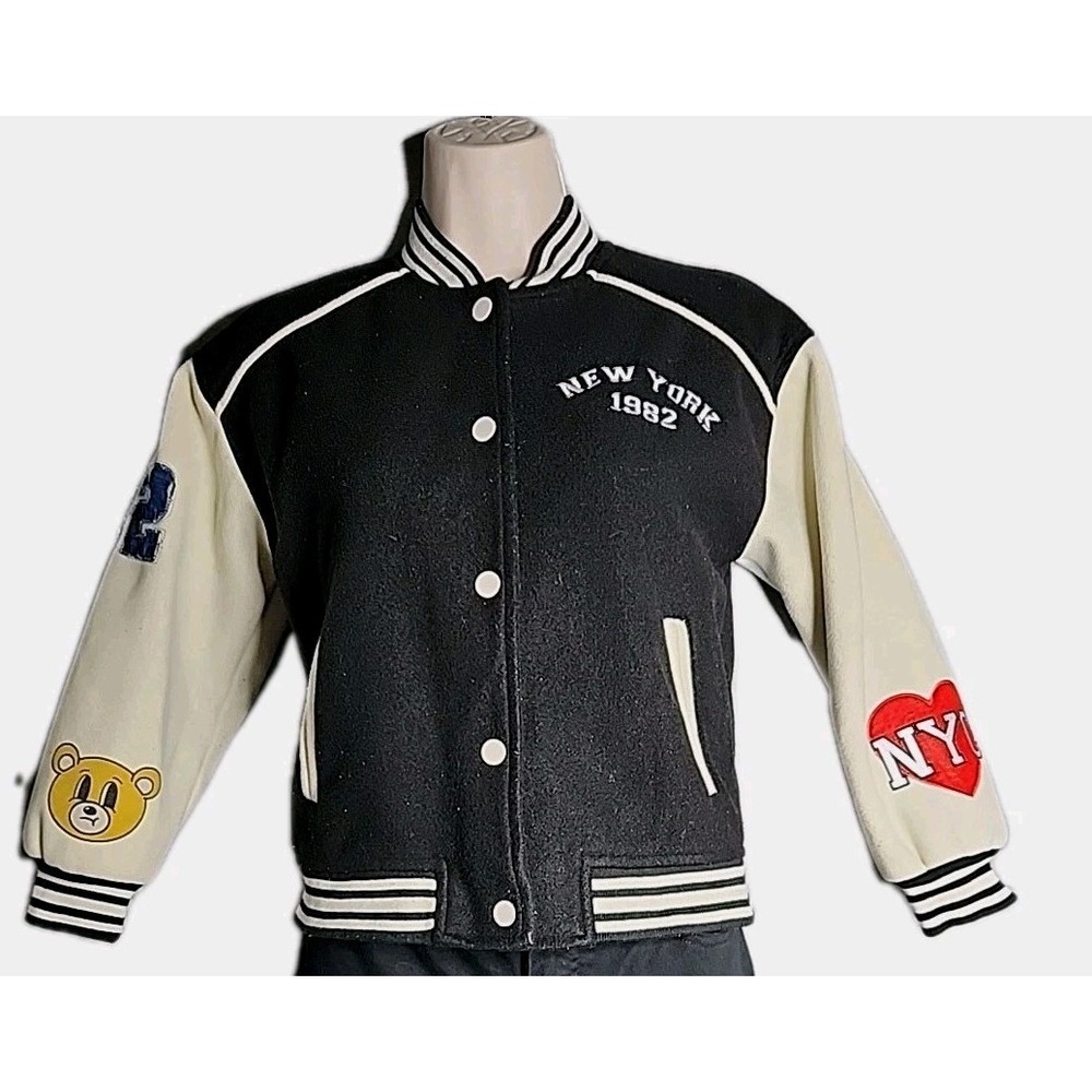 Forever 21 Jacket Letterman Bomber Size 9/10 New York 1982 Varsity Teddy Bear